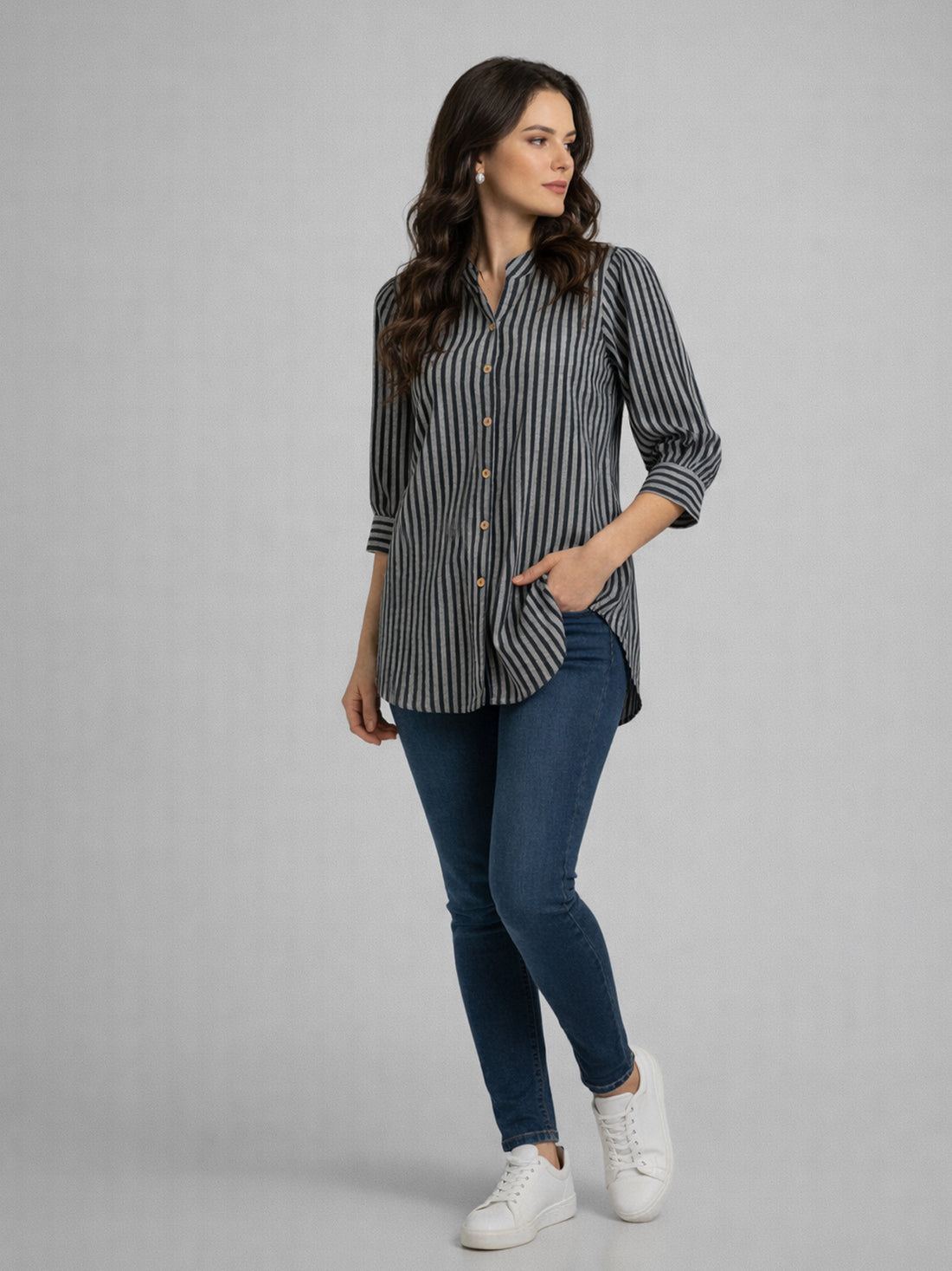 Bundle Of 2 Elegant Black & Blue Small Stripe Shoulder-Pleat Shirt