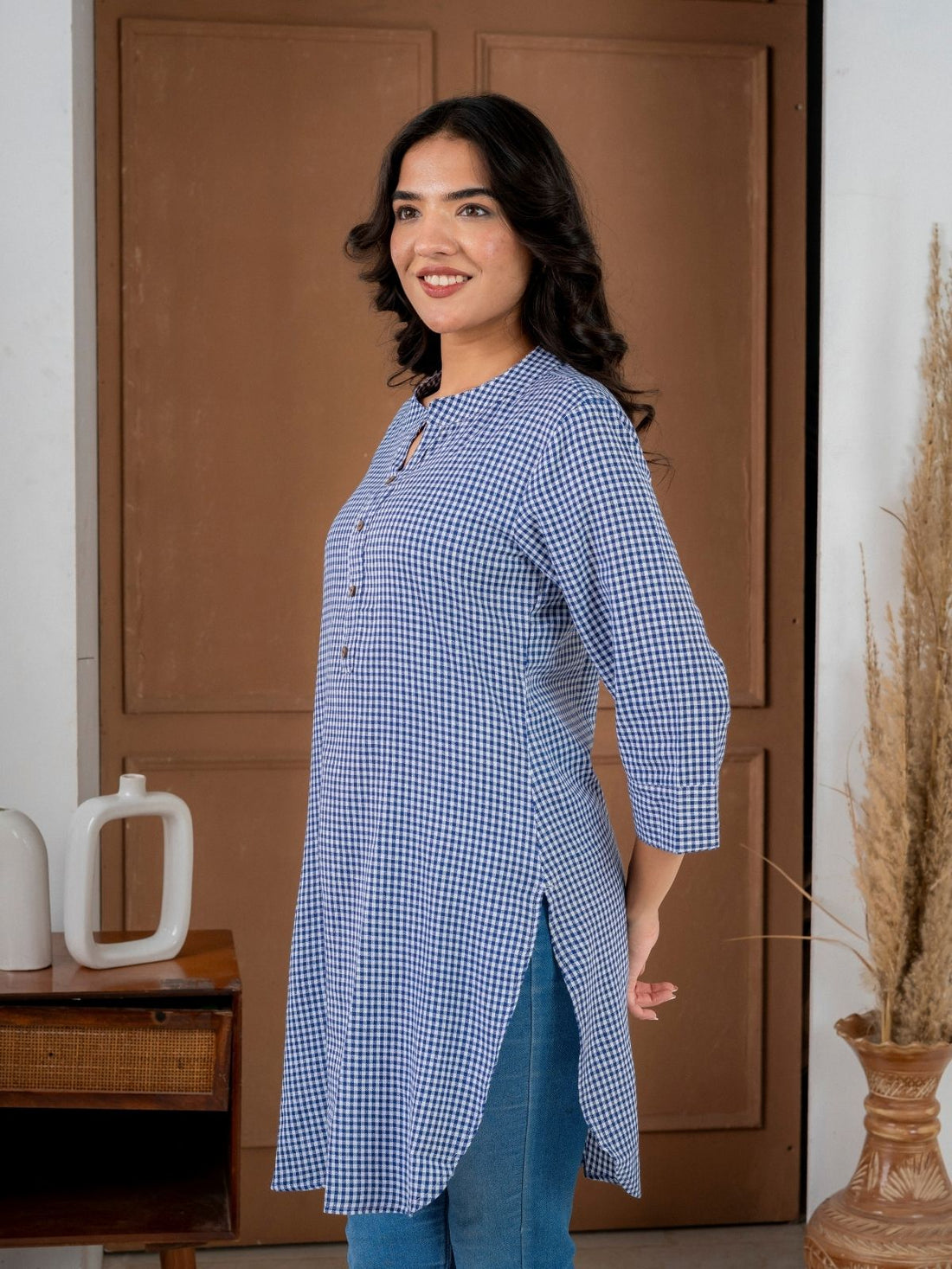 Blue Mini Checks Cotton Short Kurti