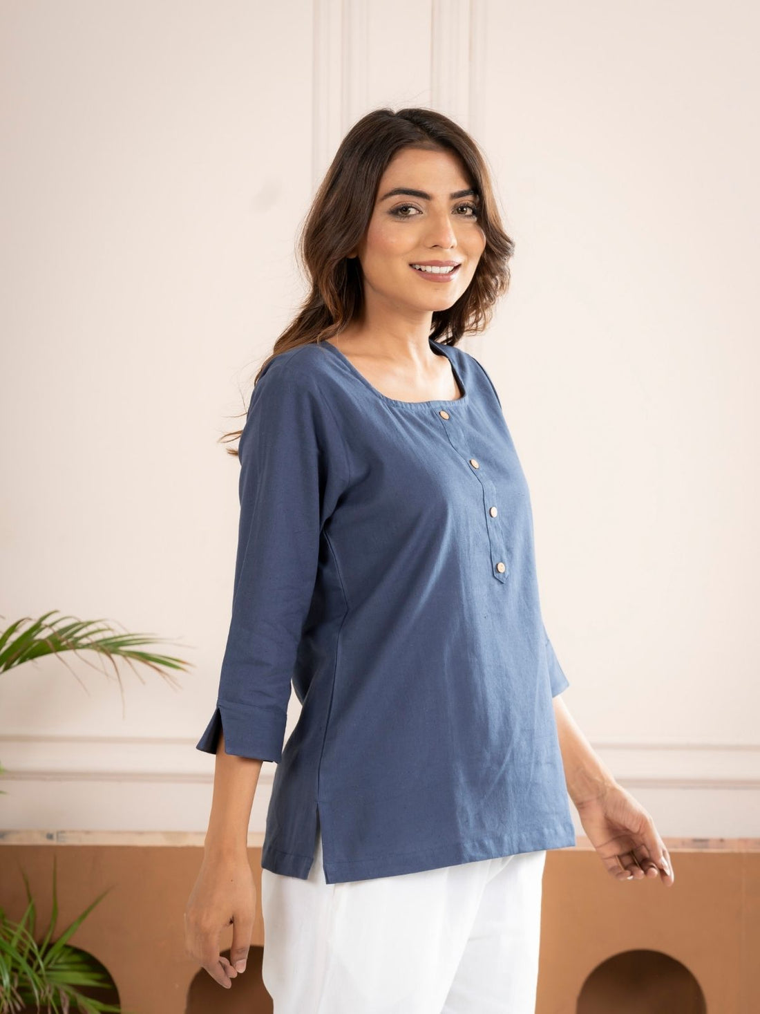 Blue Everyday Cotton Square Neck Top
