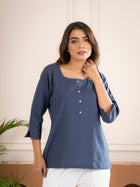 Blue Everyday Cotton Square Neck Top