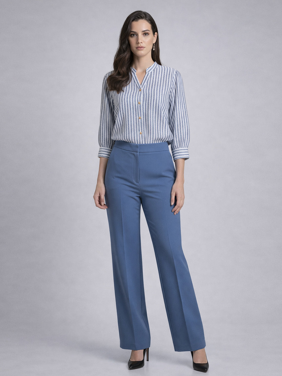 Bundle Of 2 Elegant Blue & Brown Small Stripe Shoulder-Pleat Shirt