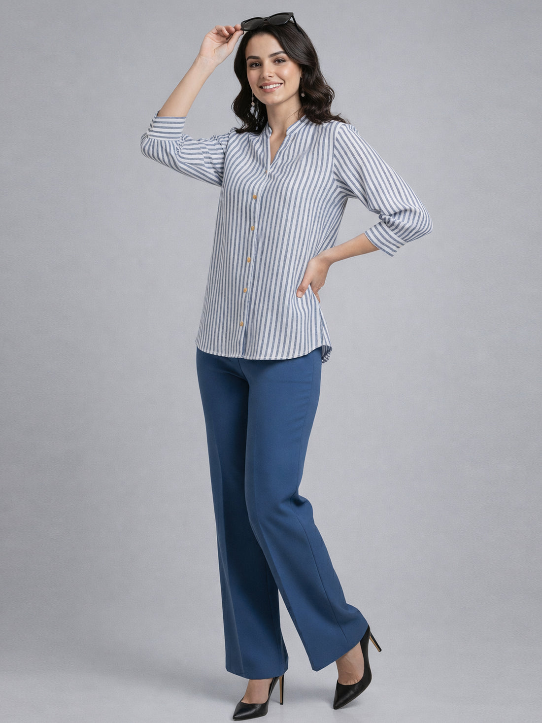 Bundle Of 2 Elegant Blue & Pink Small Stripe Shoulder-Pleat Shirt