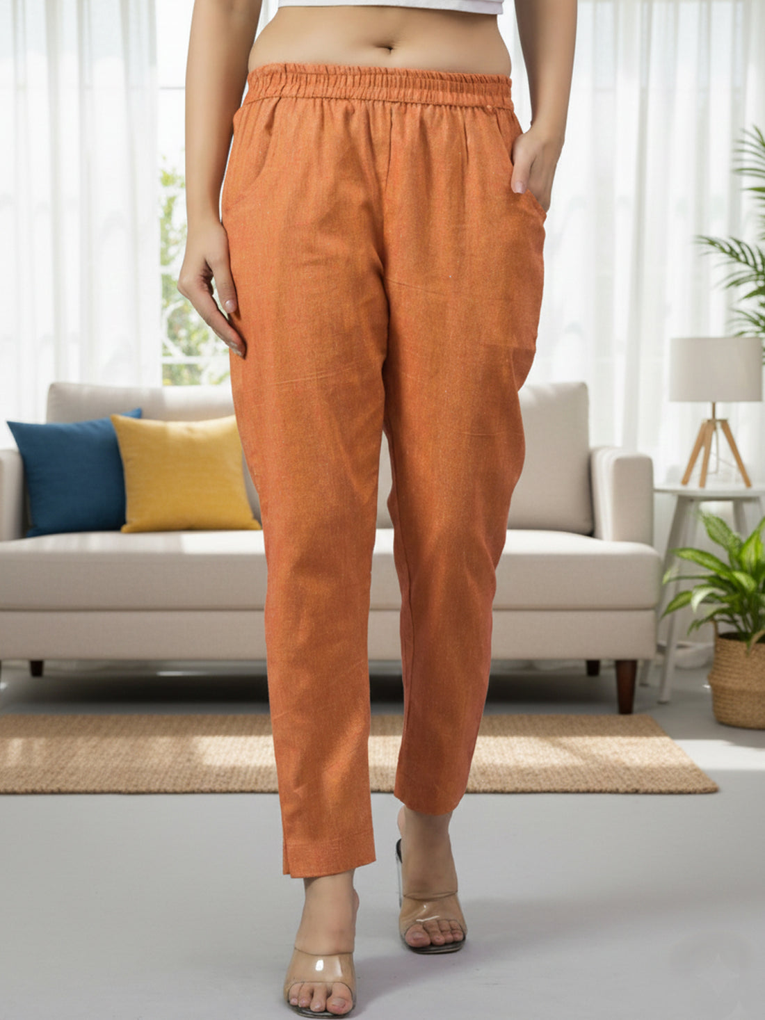 Brick Red Handloom Cotton Round Elastic Trousers
