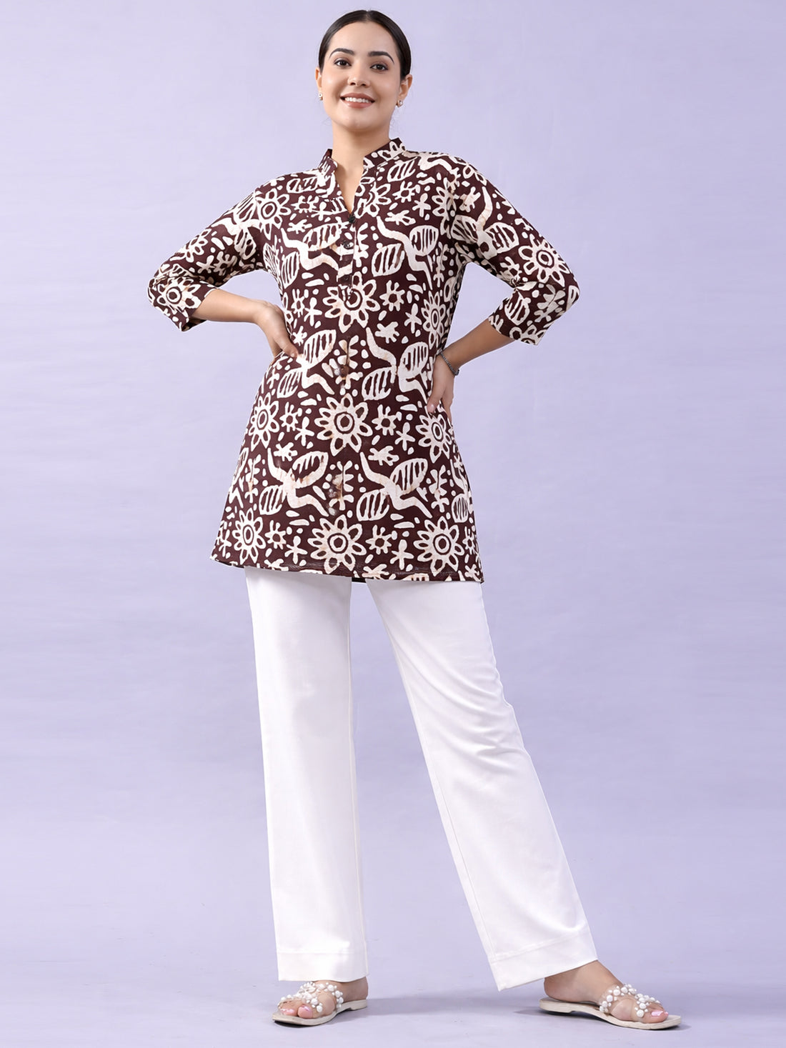 Brown Cotton Block Print Short Kurti