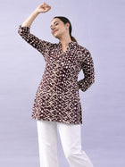 Brown Cotton Block Print Short Kurti