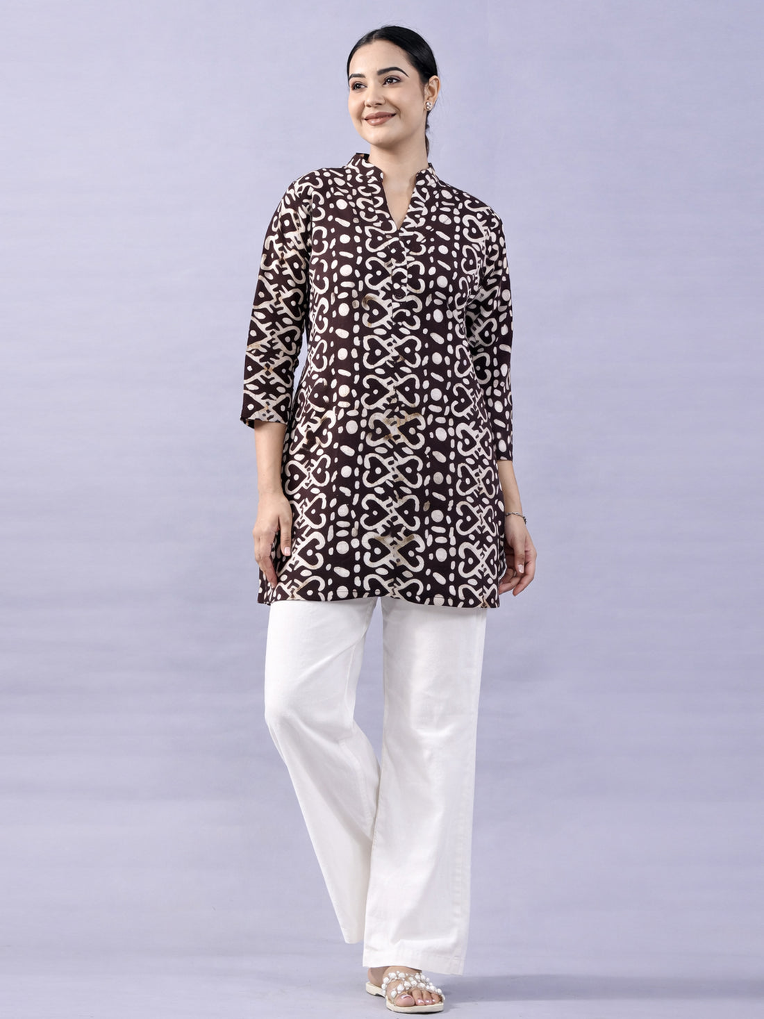 Brown Cotton Block Print Short Kurti