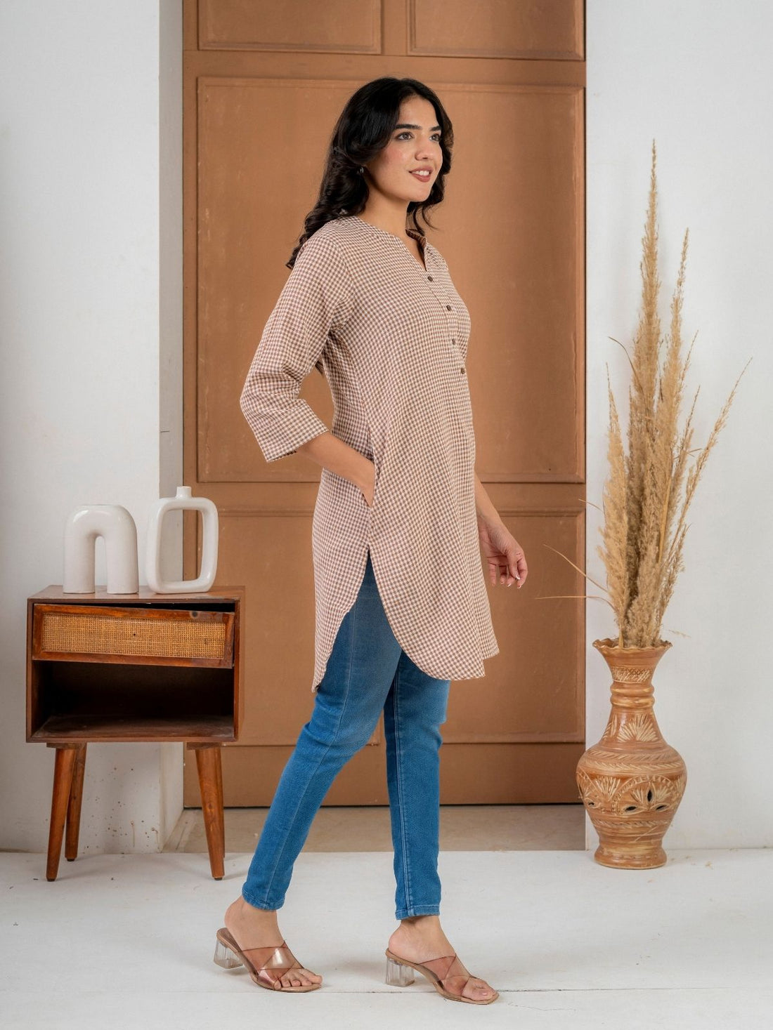 Brown Mini Checks Cotton Short Kurti