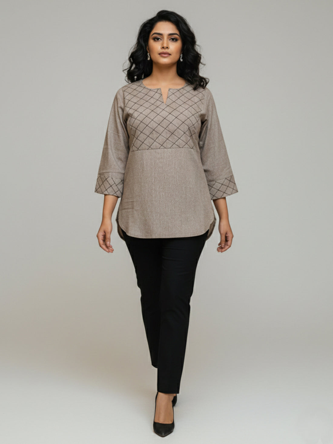 Bundle of 2 Brown & SkyBlue Cotton Handloom Yoke Design Top