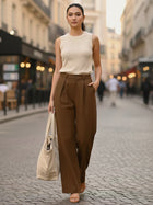 Brown Relaxed Fit Wide Leg Pants - Pure Cotton