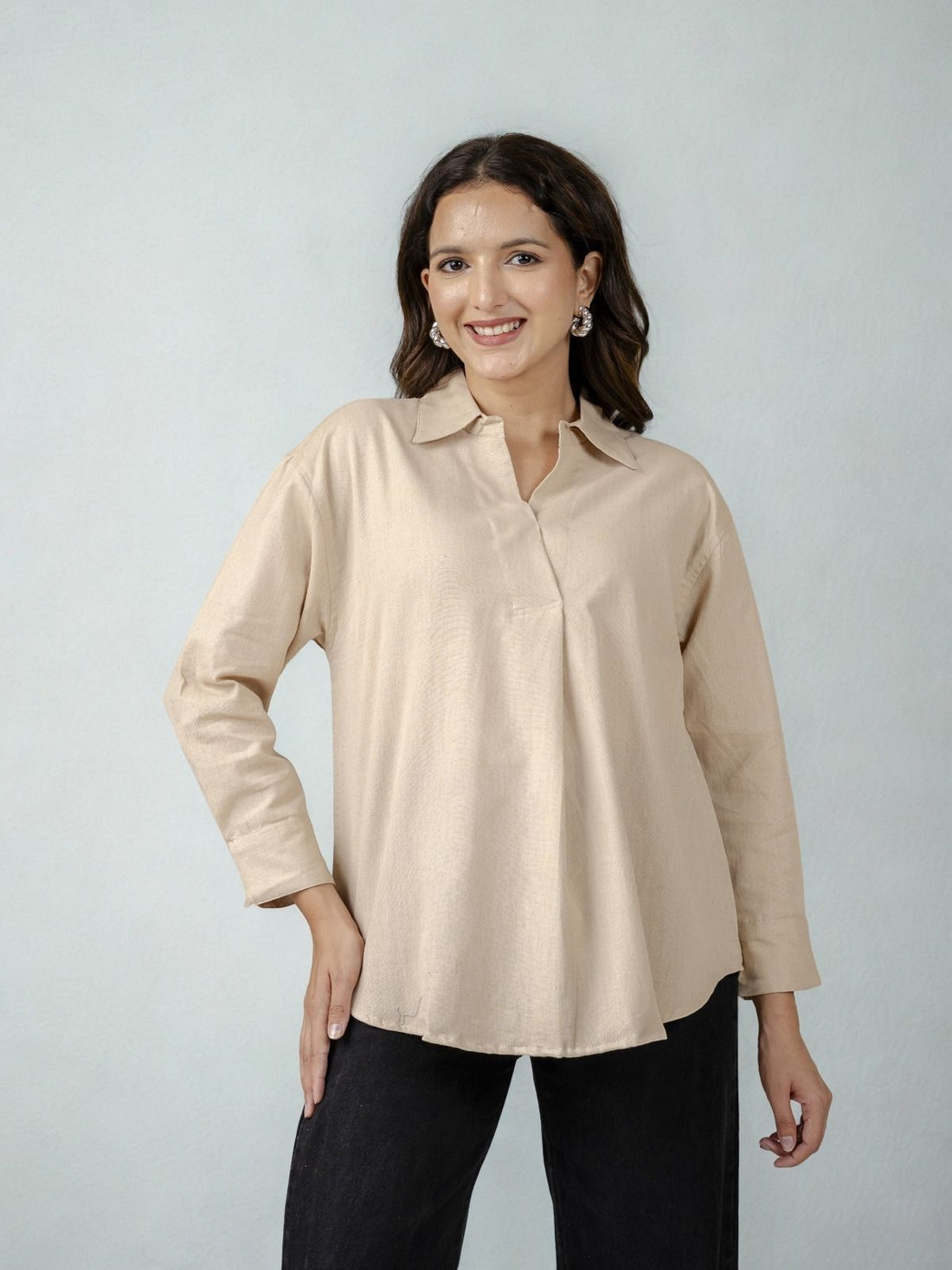 Beige & Light Pink Airy Linen Pleated Cotton Tops