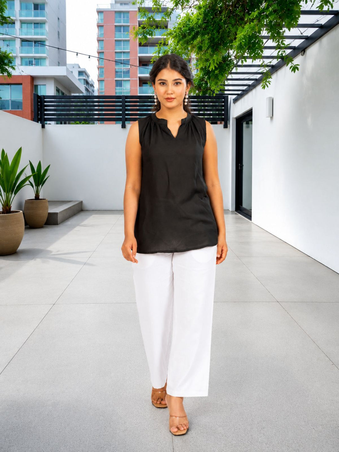 Black Viscose Gathered Neckline Tops