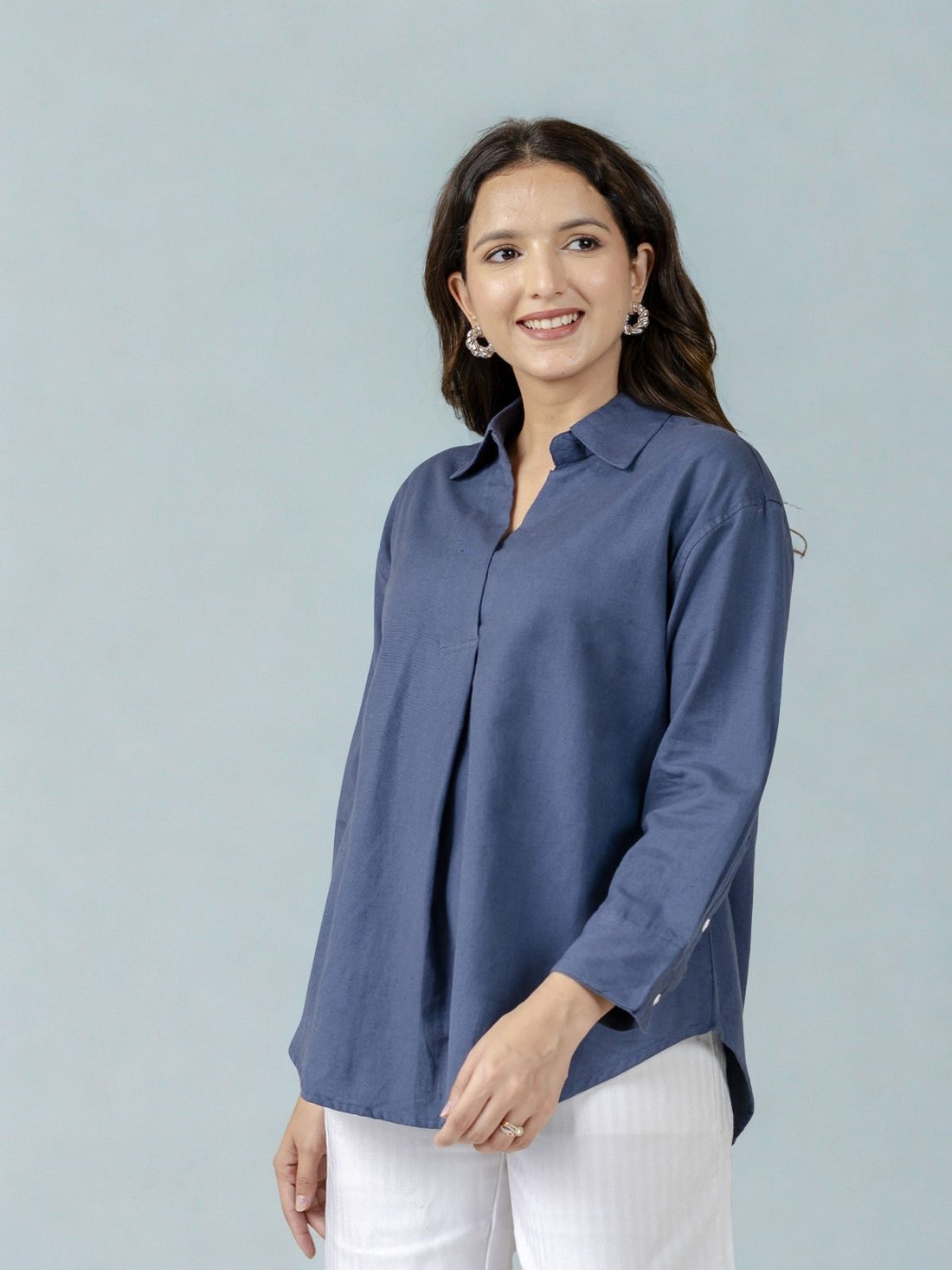 Blue & Firozi Airy Linen Pleated Cotton Tops