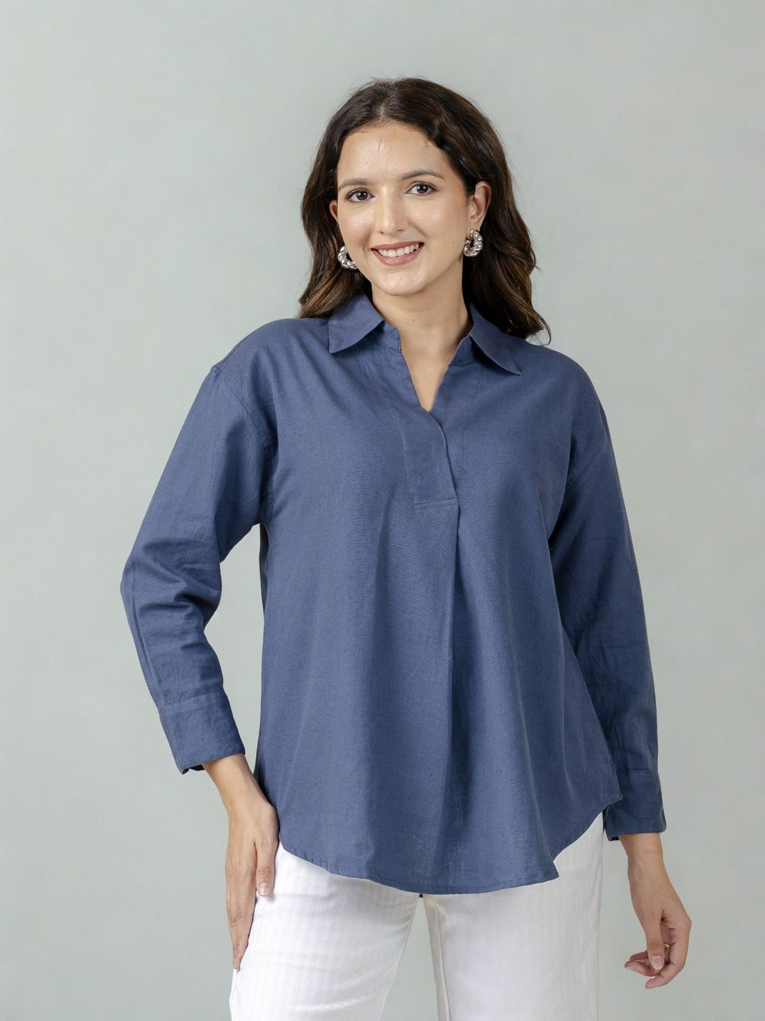 Blue & Light Green Airy Linen Pleated Cotton Tops