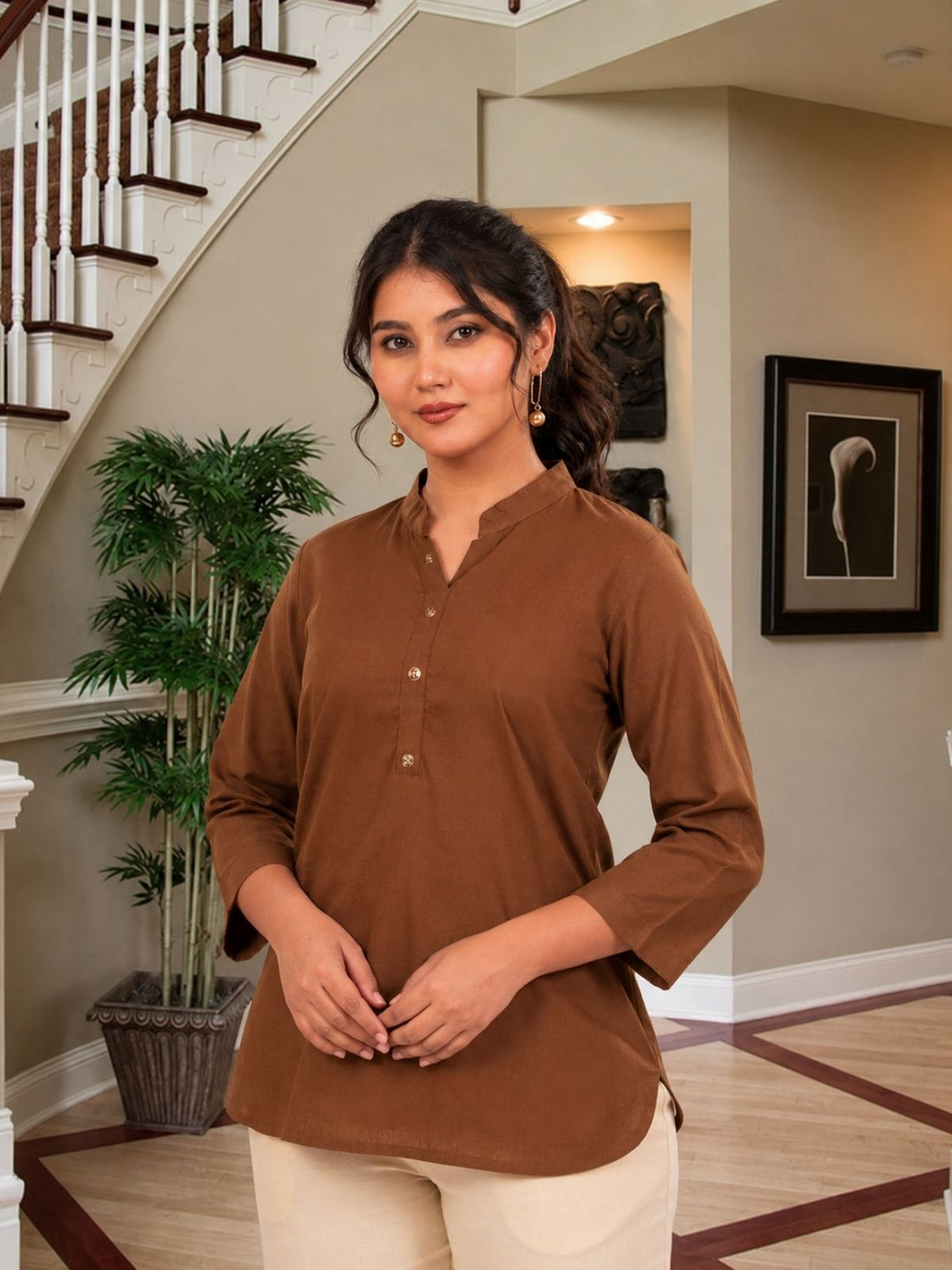 Brown Cotton Comfort Tops