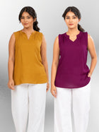 Camel & Magenta Viscose Gathered Neckline Tops Combo