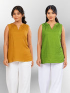 Camel & Mehndi Viscose Gathered Neckline Tops Combo