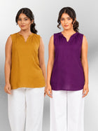 Camel & Purple Viscose Gathered Neckline Tops Combo