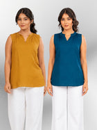 Camel & TealBlue Viscose Gathered Neckline Tops Combo
