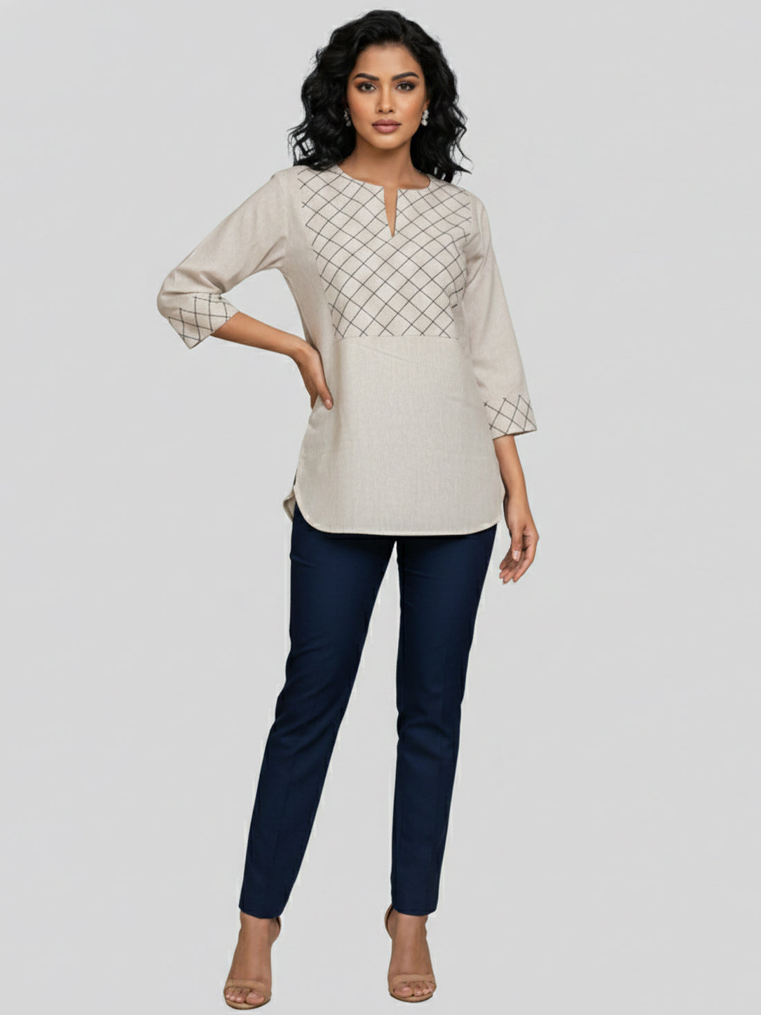 Bundle of 2 Cream & Maroon Cotton Handloom Yoke Design Top