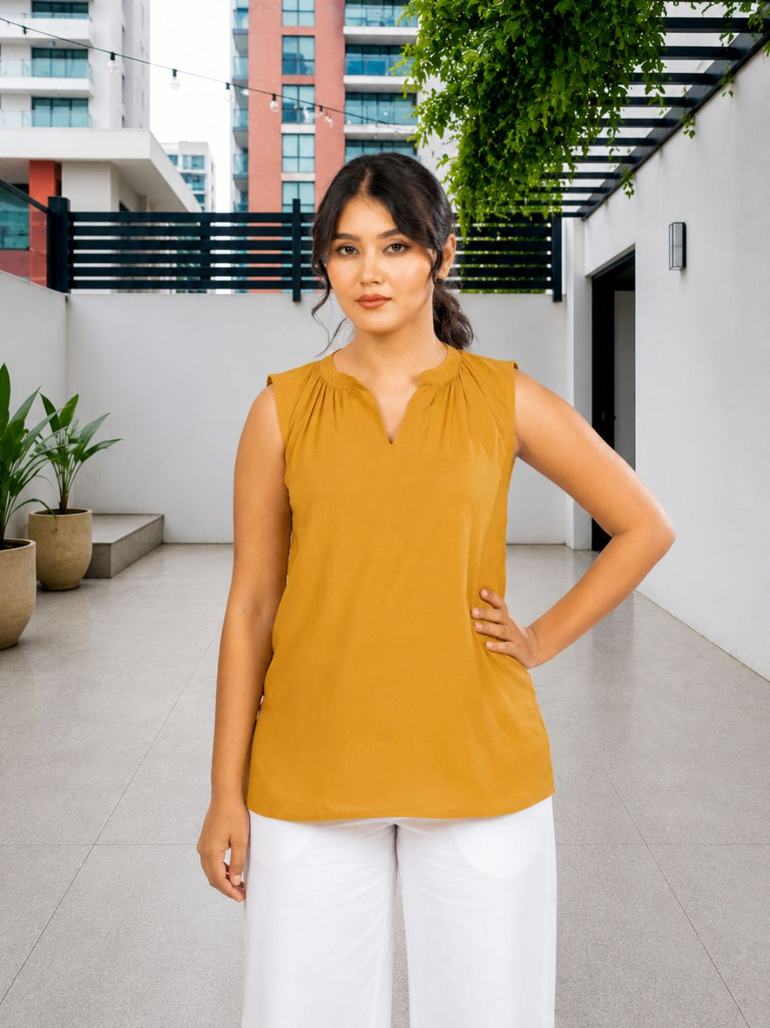 Camel & Mehndi Viscose Gathered Neckline Tops Combo