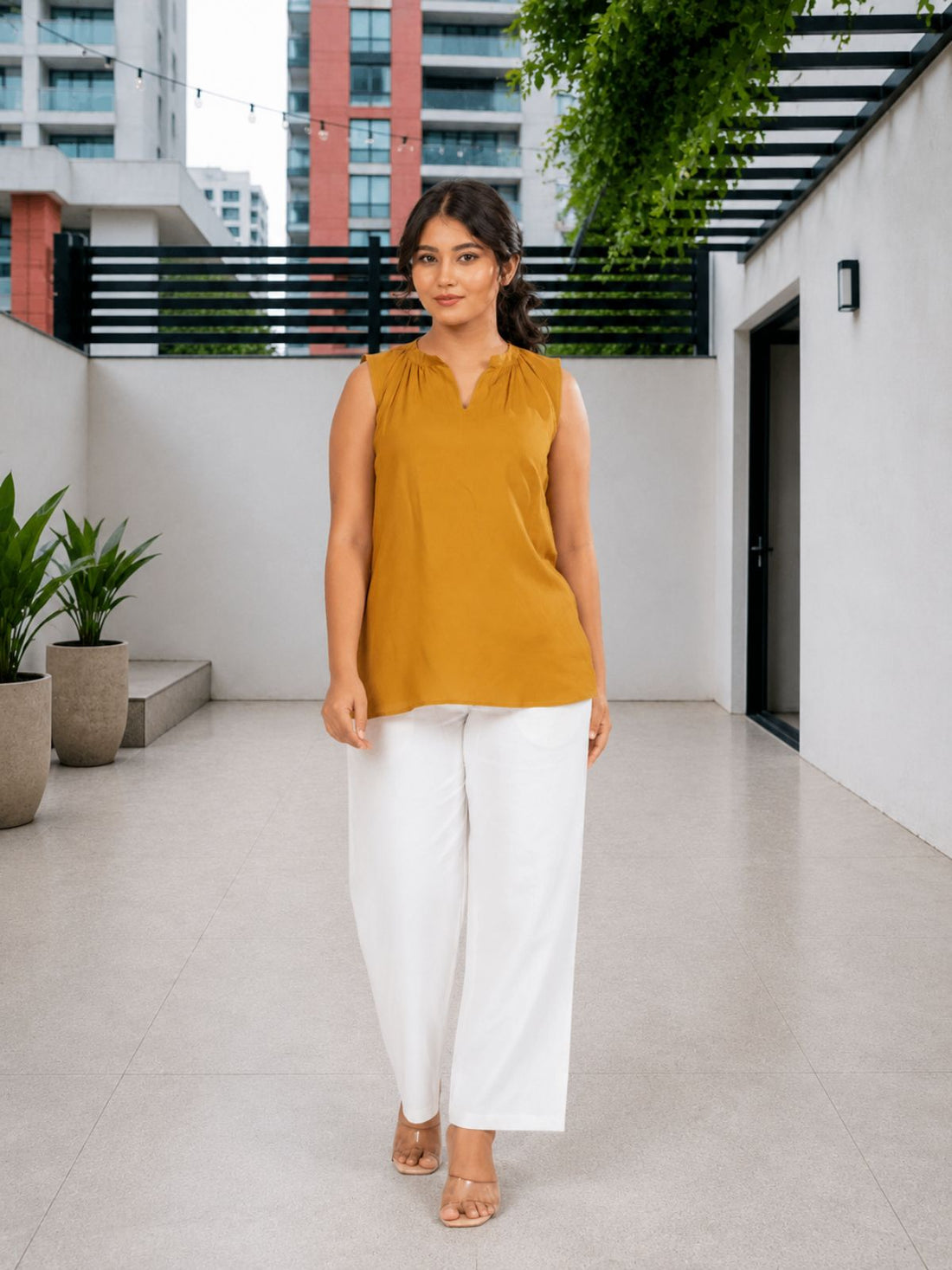 Camel Viscose Gathered Neckline Tops