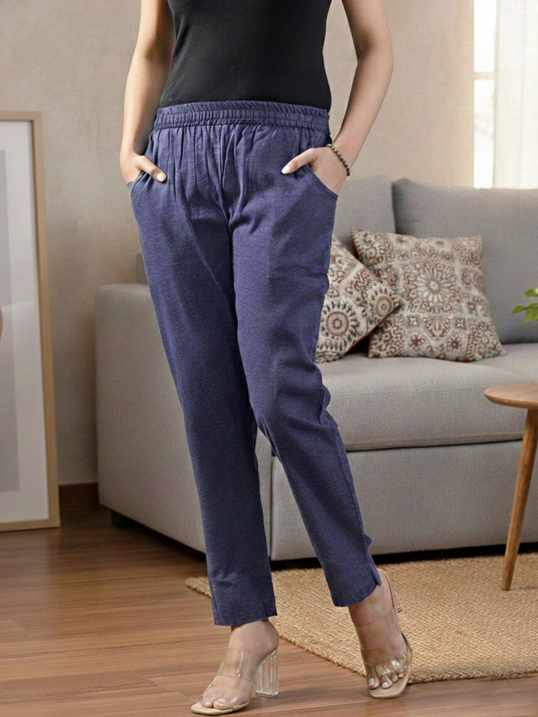 DarkBlue Handloom Cotton Round Elastic Trousers