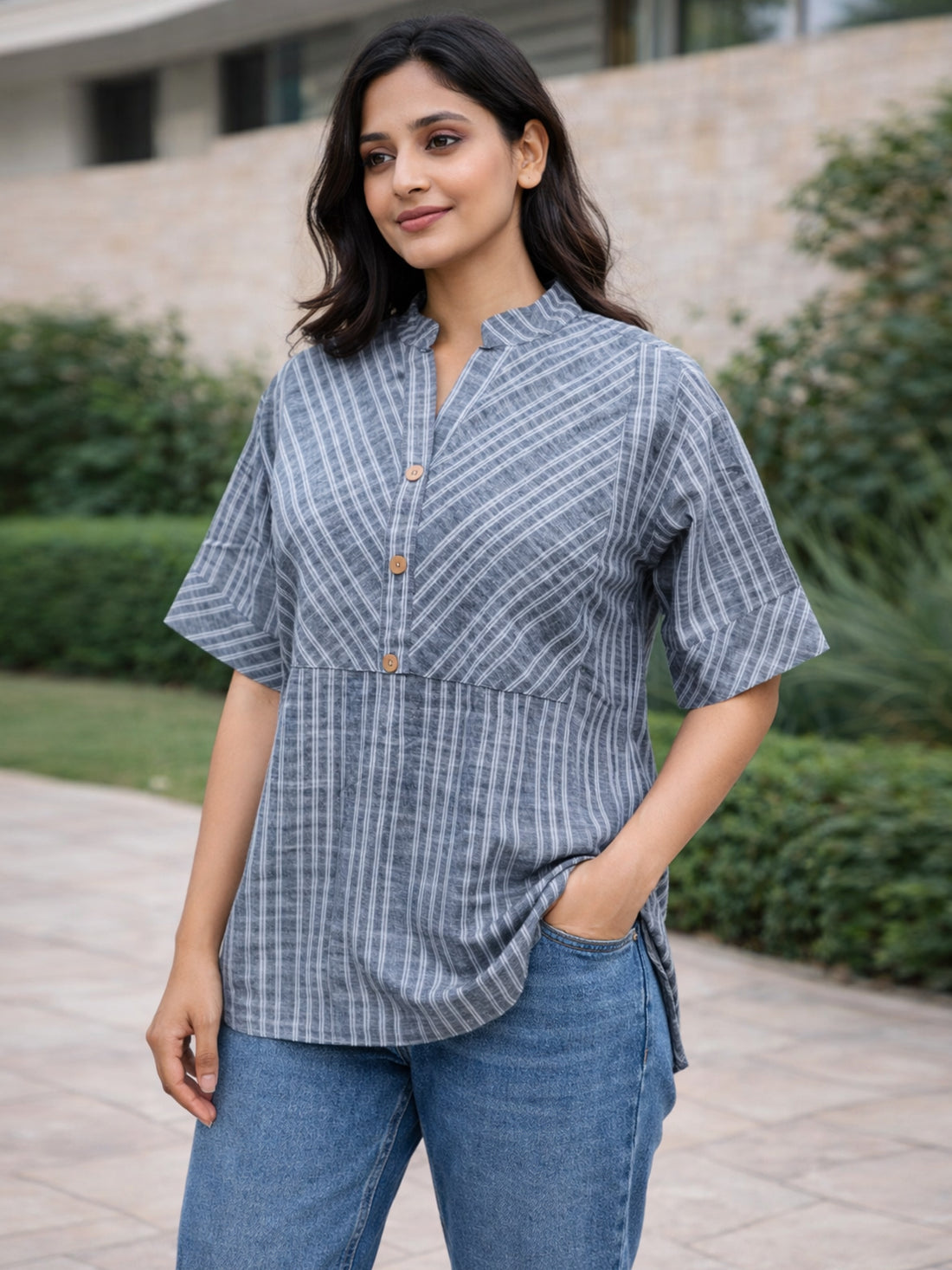 Dark Grey Stripe Yoke Top