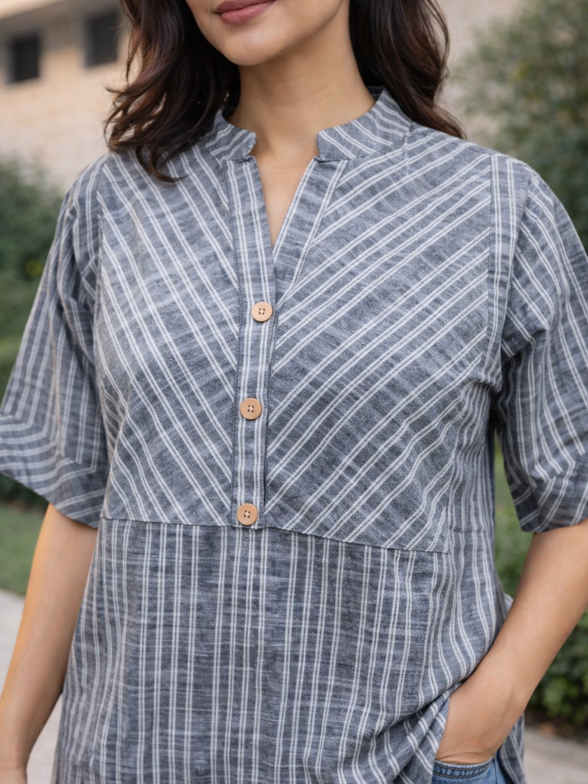 Grey Stripe Yoke Top – SaavStore