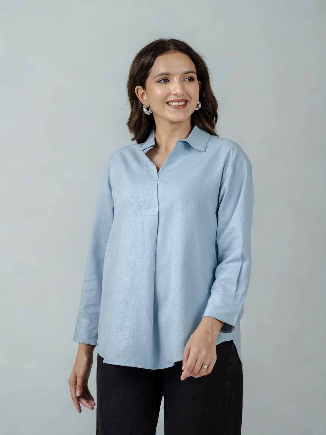 Firozi & White Airy Linen Pleated Cotton Tops