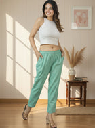 Green Handloom Cotton Round Elastic Trousers