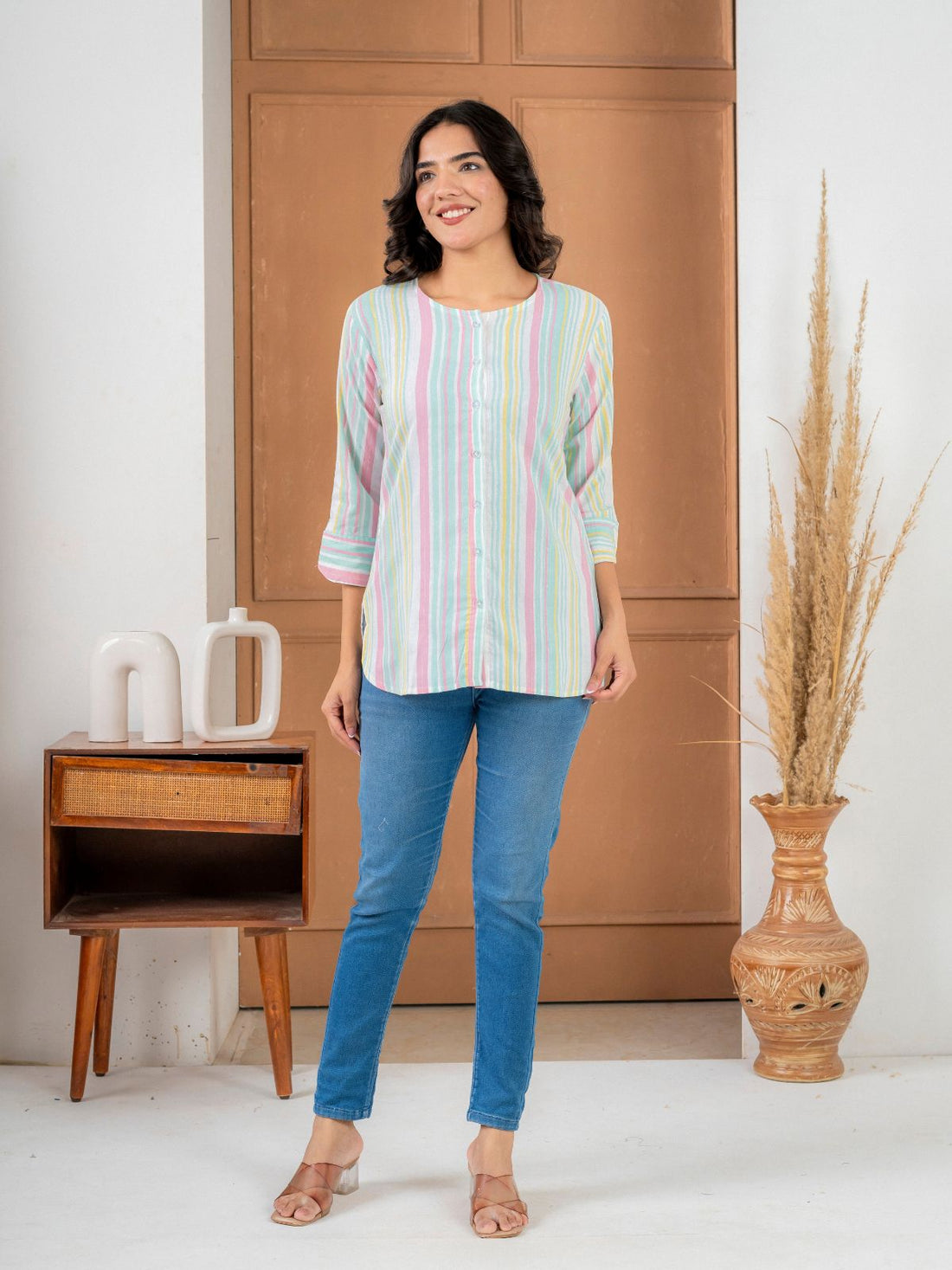 Green Rainbow Stripe Cotton Shirts