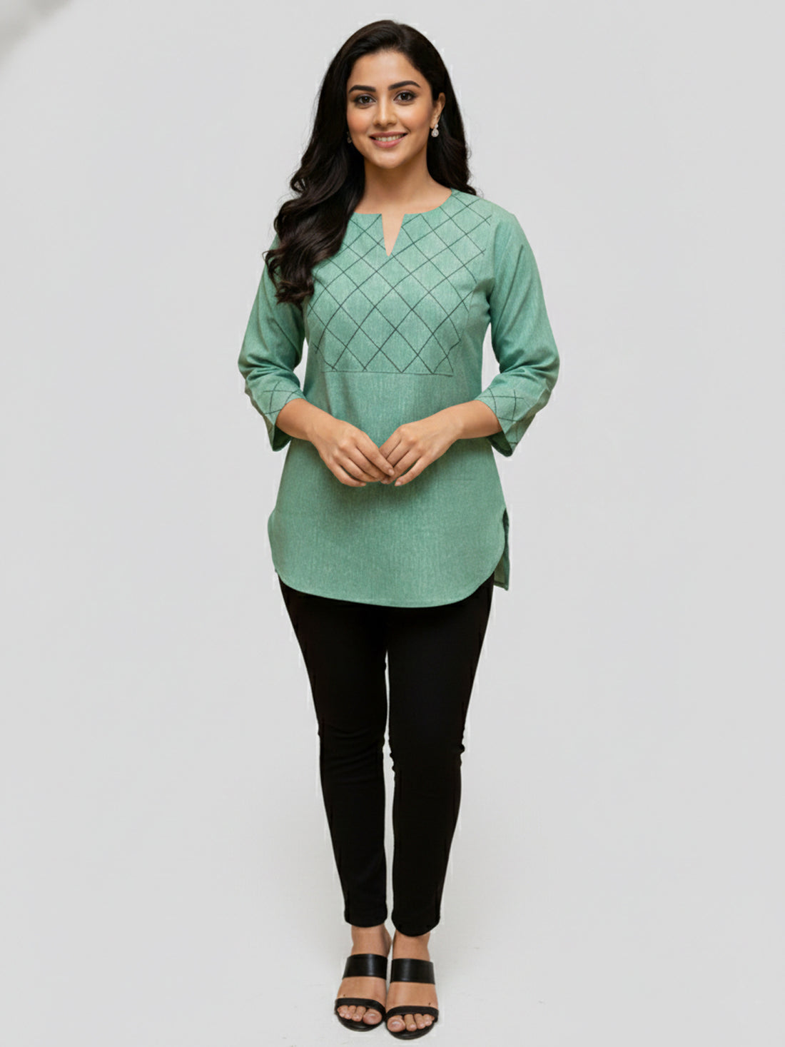 Bundle of 2 Green & TealBlue Cotton Handloom Yoke Design Top