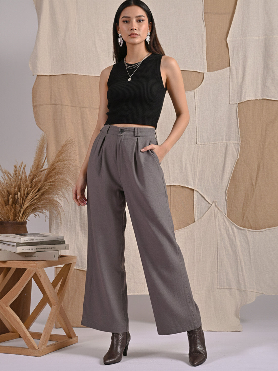 Grey Relaxed Fit Wide Leg Pants - Pure Cotton