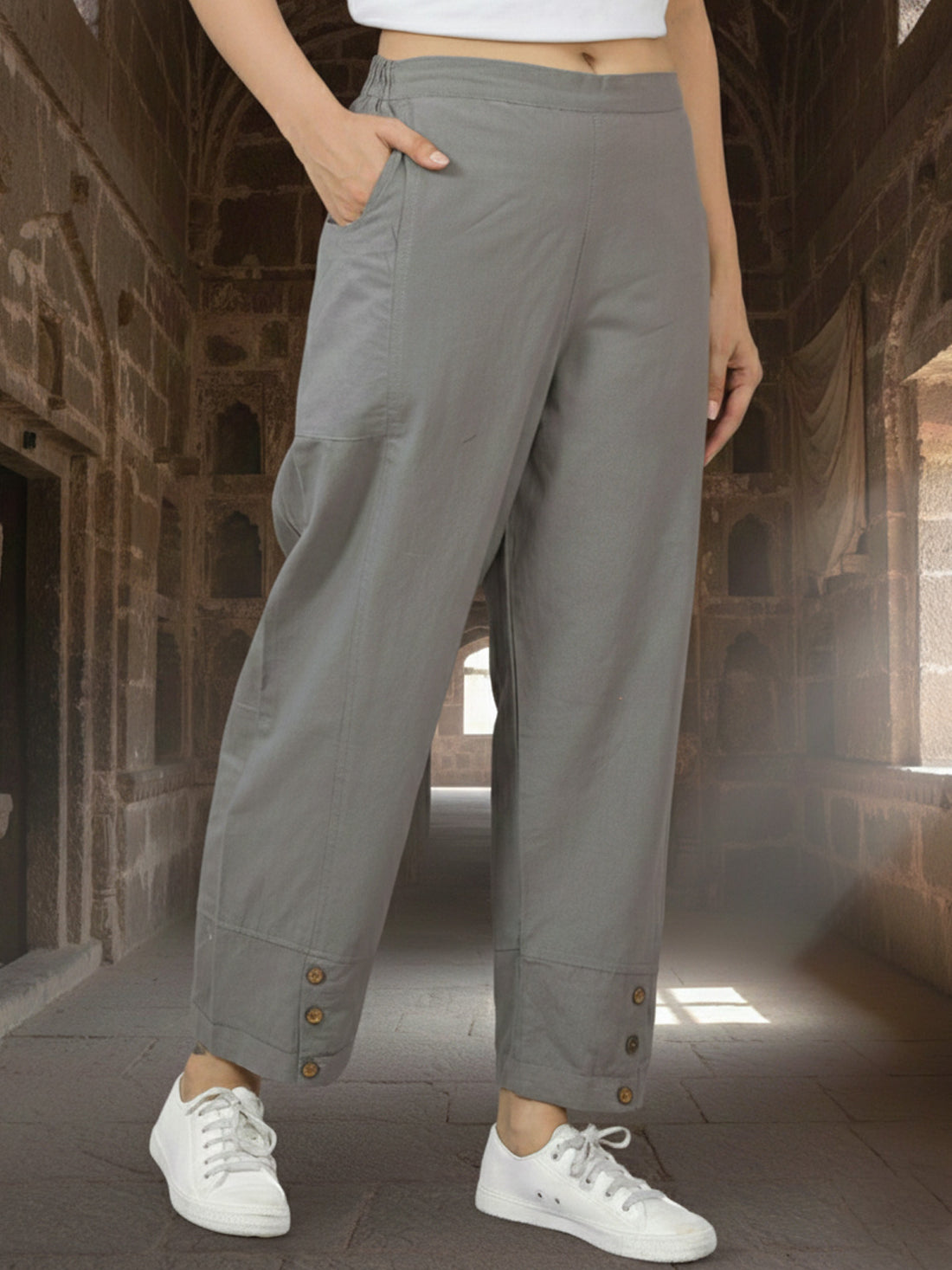Grey & Teal Blue Side Pocket Straight Cargo Pants Combo