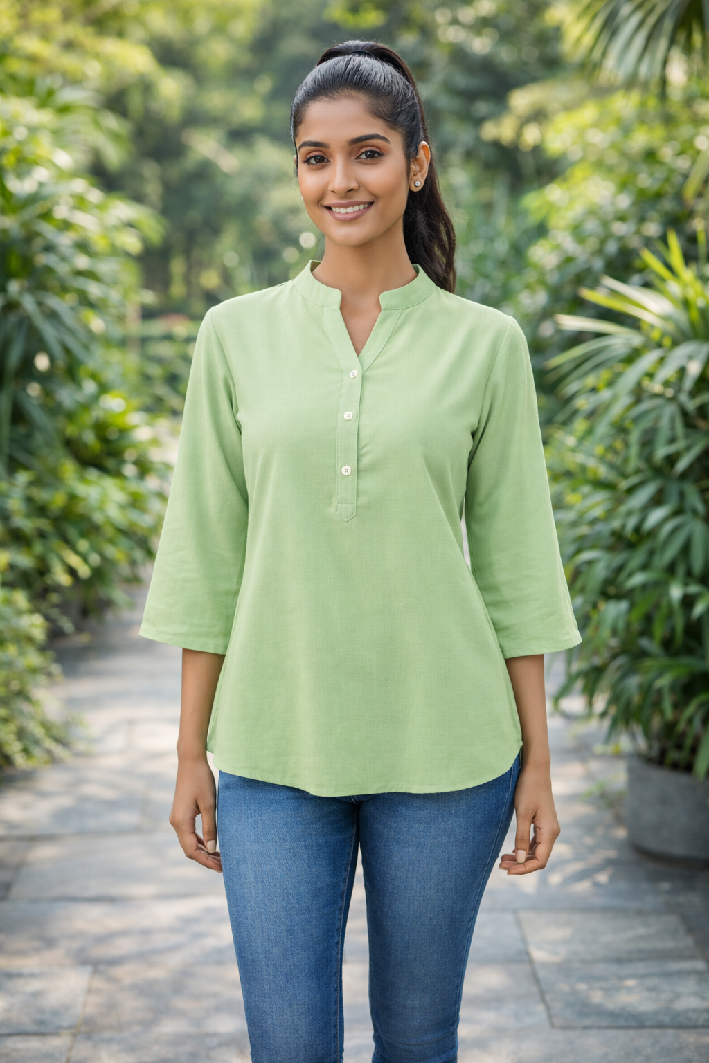 Light Green Viscose Regular Fit Tops