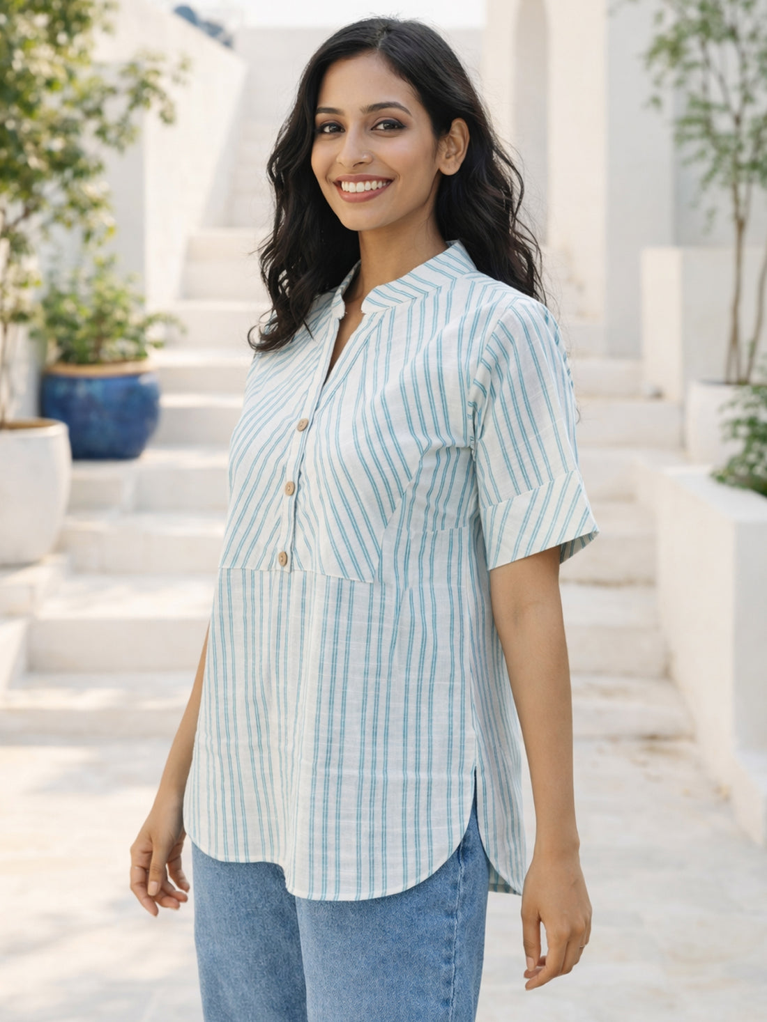 Light Green Stripe Yoke Top