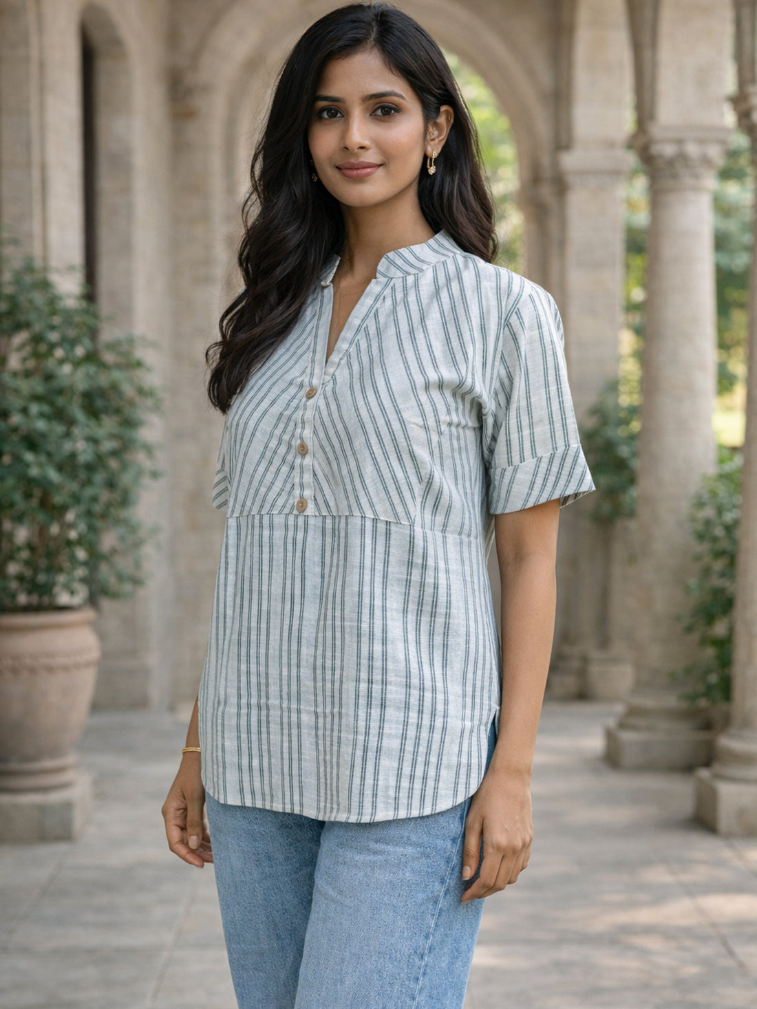 Light Grey Stripe Yoke Top