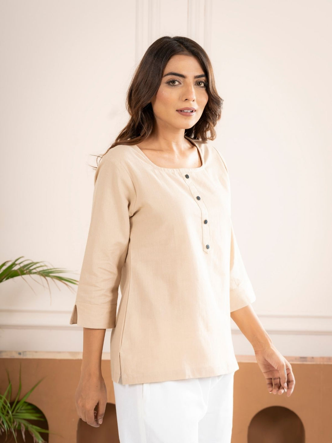 Light Beige Everyday Cotton Square Neck Top