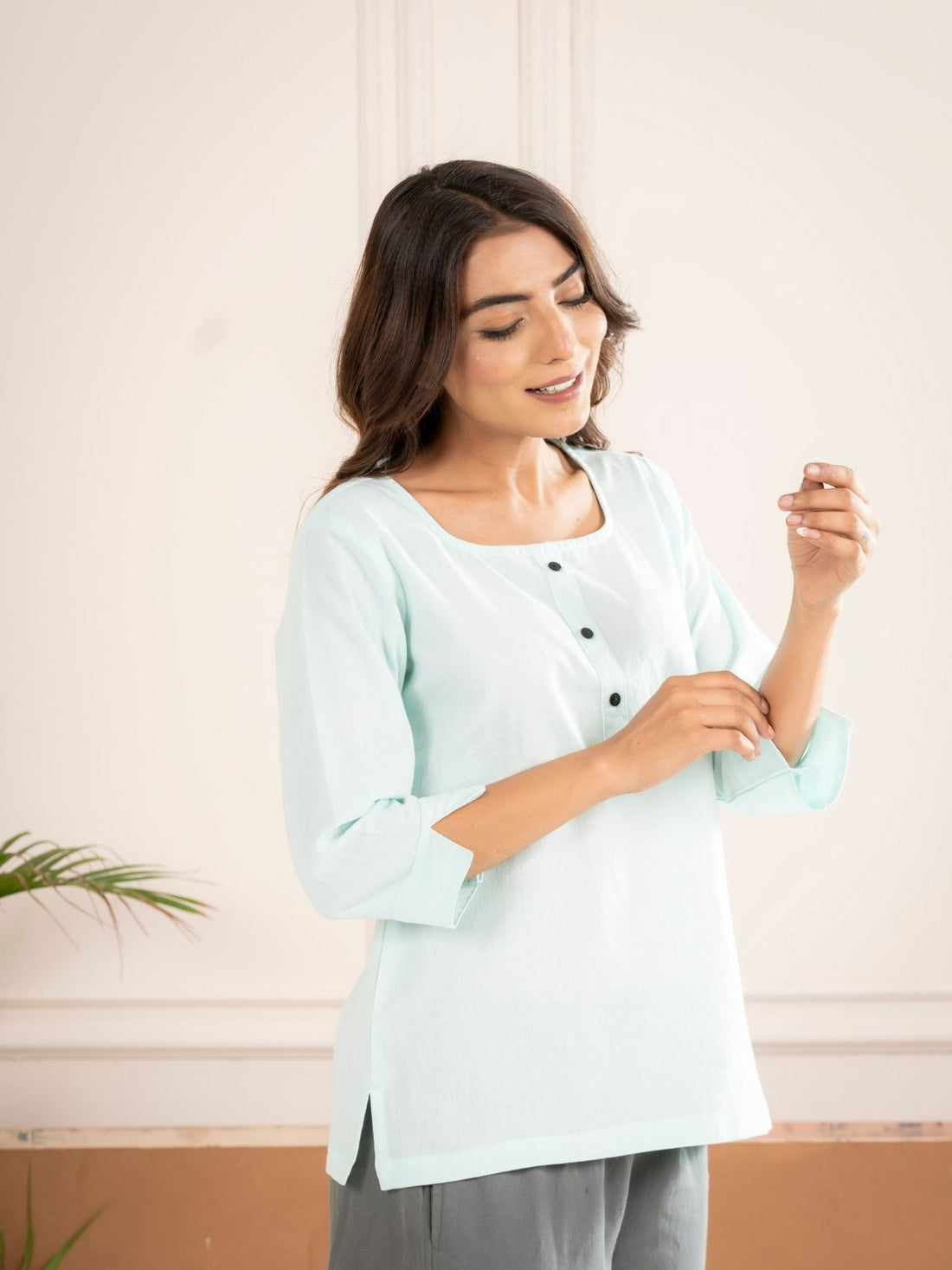 Light Blue Everyday Cotton Square Neck Top