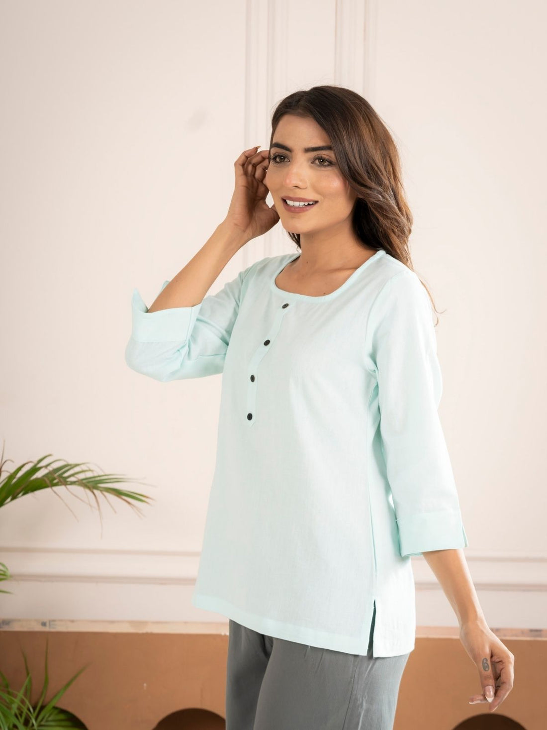 Light Blue & Light Brown Everyday Cotton Square Neck Top