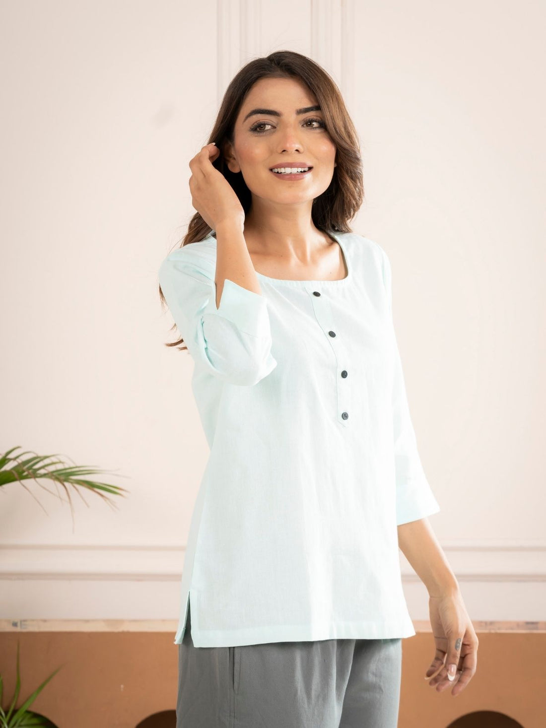 Light Blue & White Everyday Cotton Square Neck Top