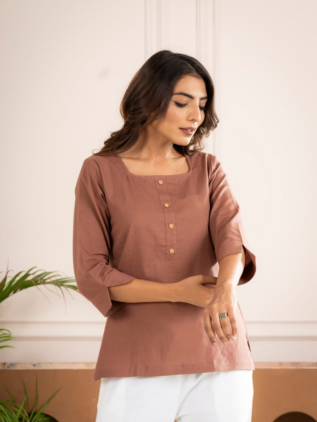 Light Brown Everyday Cotton Square Neck Top