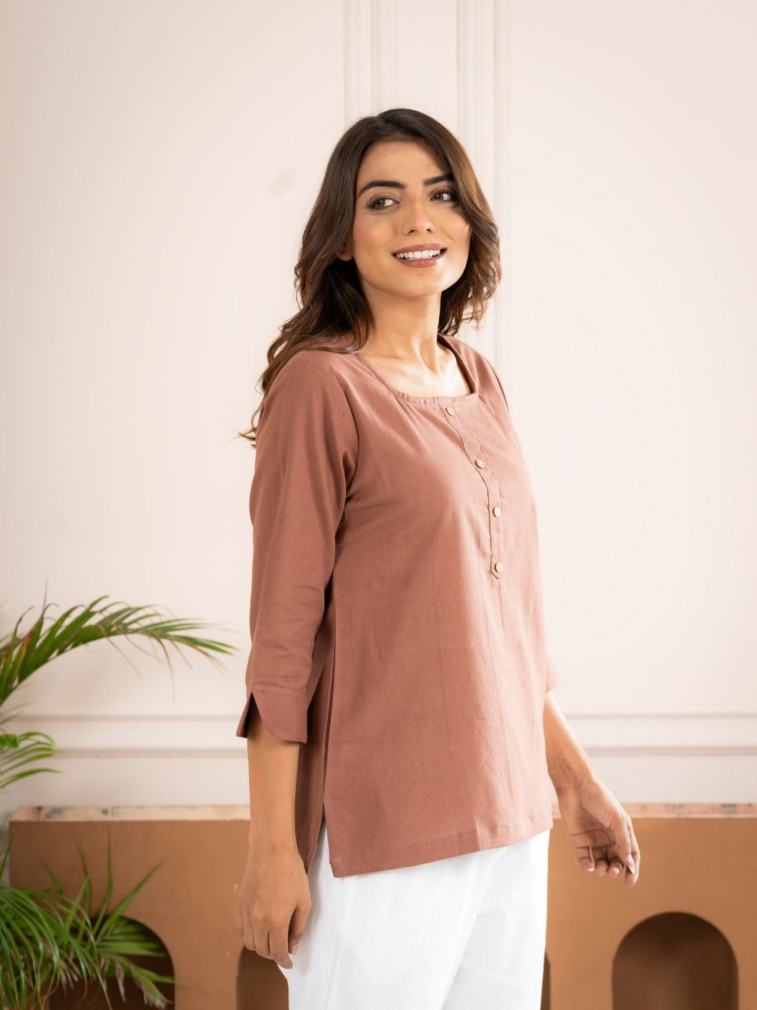 Light Brown & White Everyday Cotton Square Neck Top