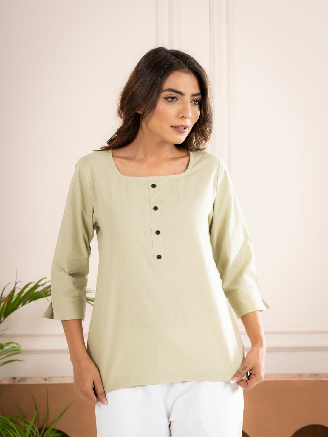 Light Green & Light Grey Everyday Cotton Square Neck Top