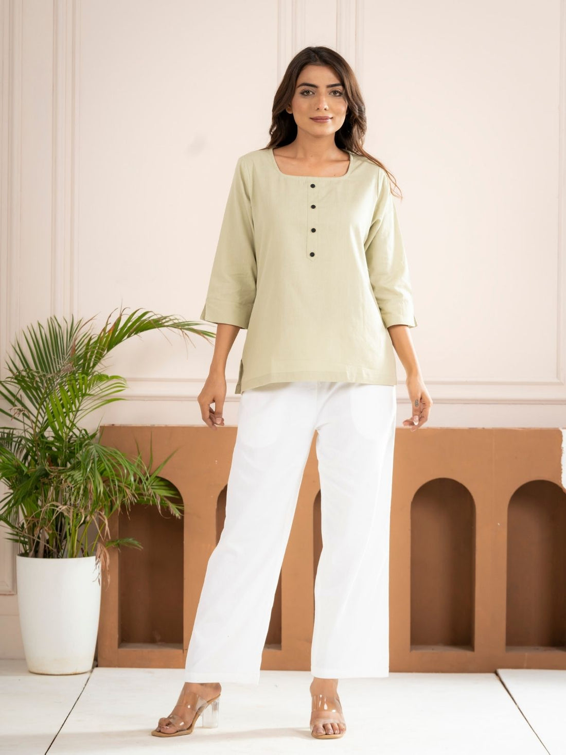 Light Green Everyday Cotton Square Neck Top