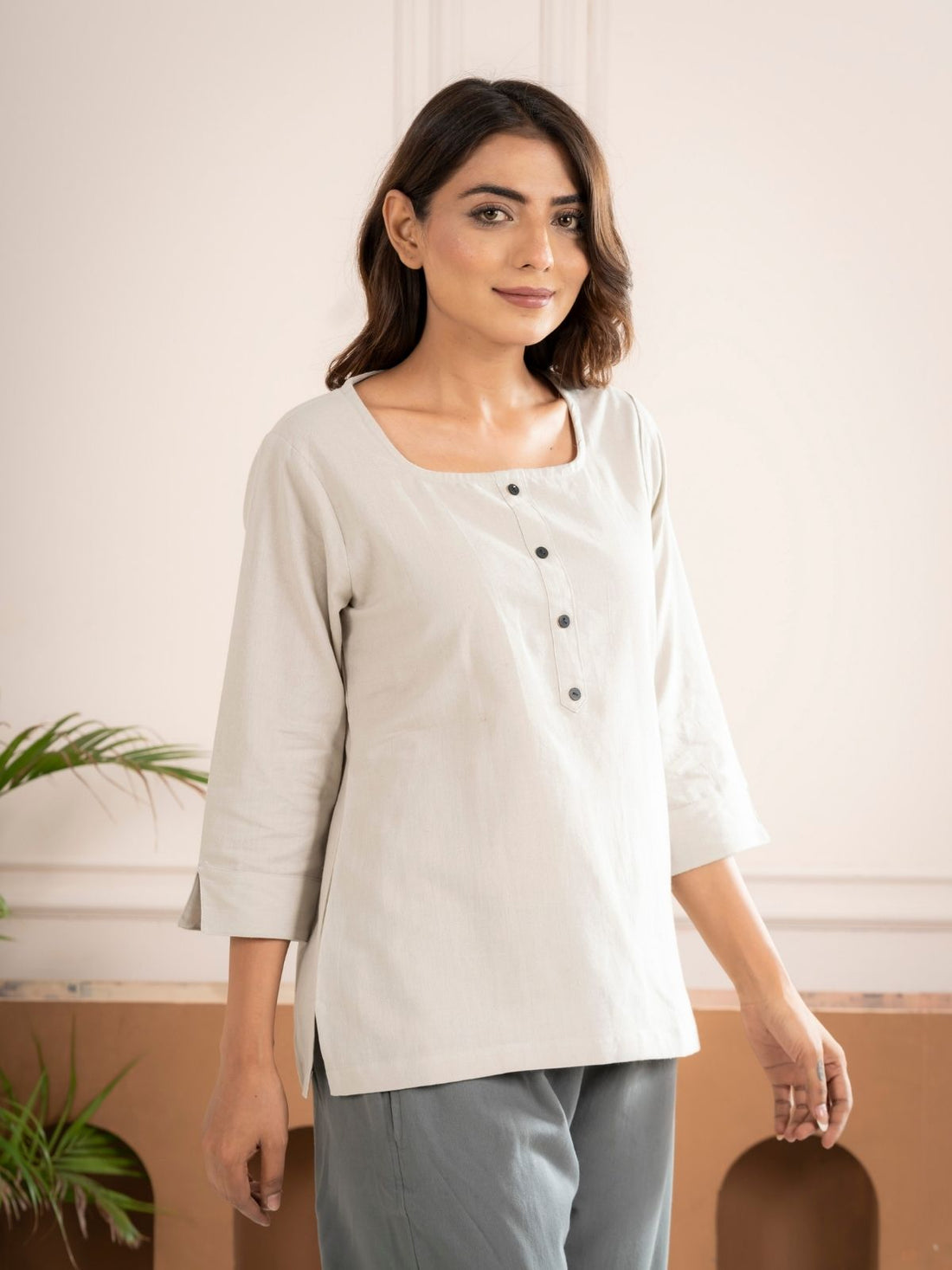 Light Grey & White Everyday Cotton Square Neck Top