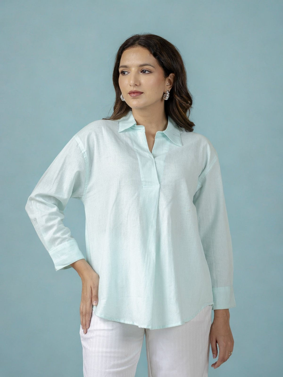 Light Blue & White Airy Linen Pleated Cotton Tops