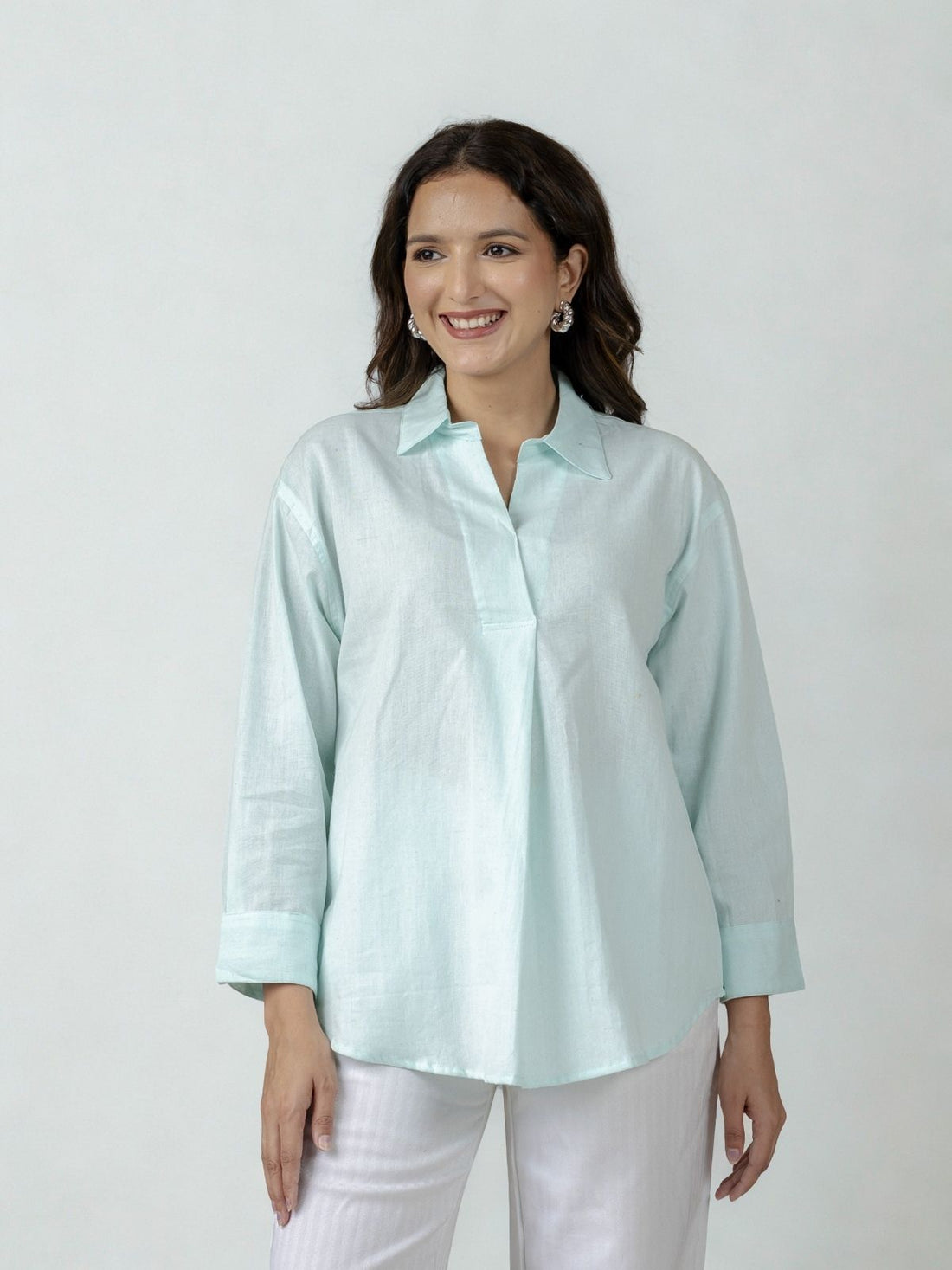 Light Brown & Light Blue Airy Linen Pleated Cotton Tops