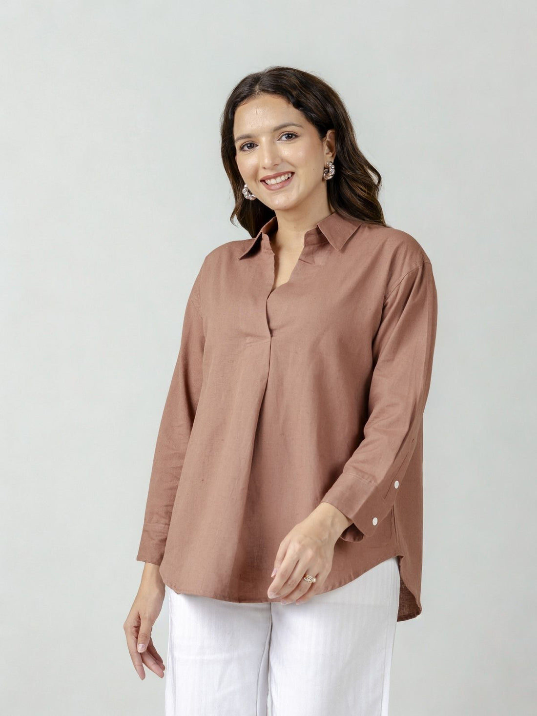 Light Brown & Light Grey Airy Linen Pleated Cotton Tops