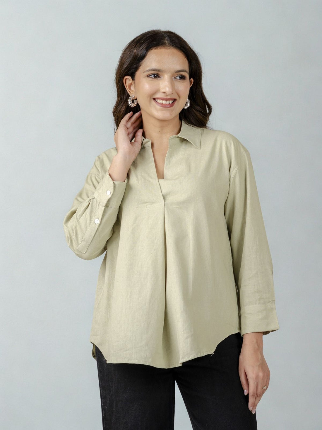 Light Grey & Light Green Airy Linen Pleated Cotton Tops